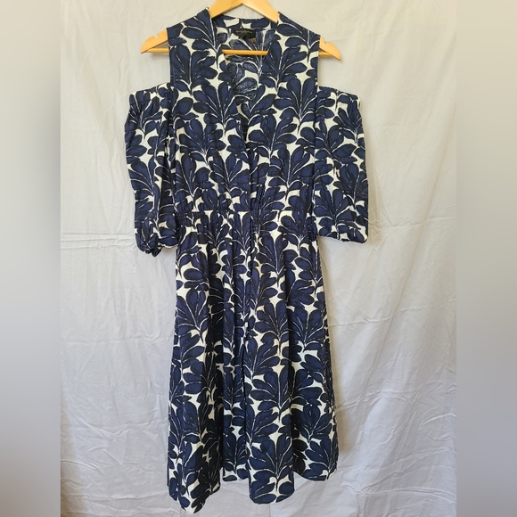 DONNA KARAN Palm Print Cold-Shoulder Midi Dress - Picture 1 of 8